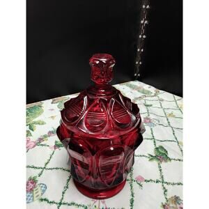 Fenton Royal Ruby Candy jar Barred Teardrop pattern Apothecary style Vintage